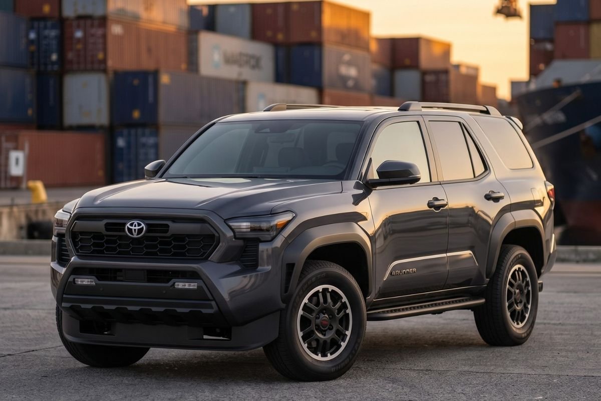 Toyota 4Runner gris en el patio de un puerto, con contenedores y grúas al fondo